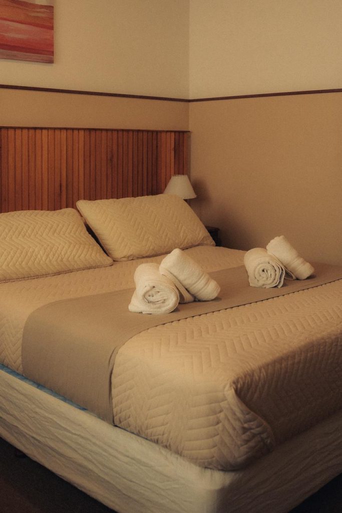 Habitación doble con cama matrimonial y respaldo de madera